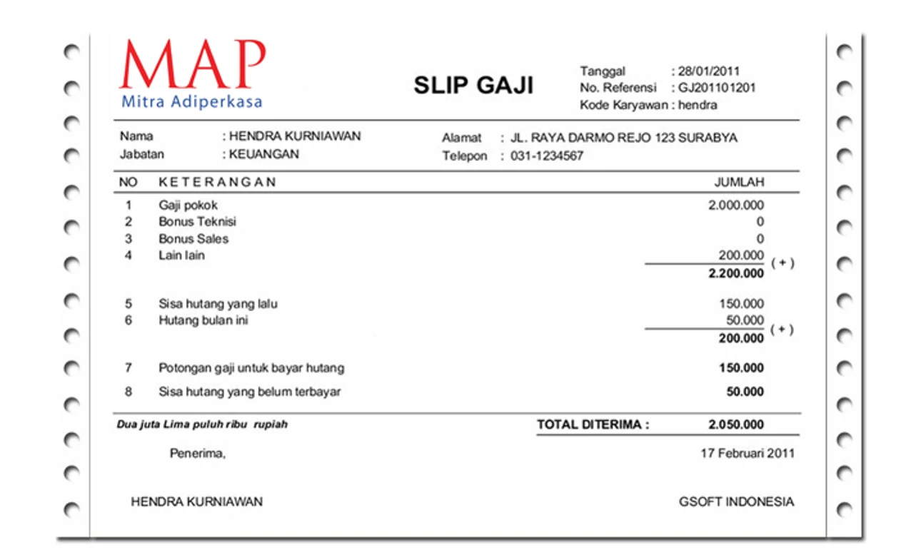 Contoh Slip Gaji Pegawai PT Mitra Adi Perkasa