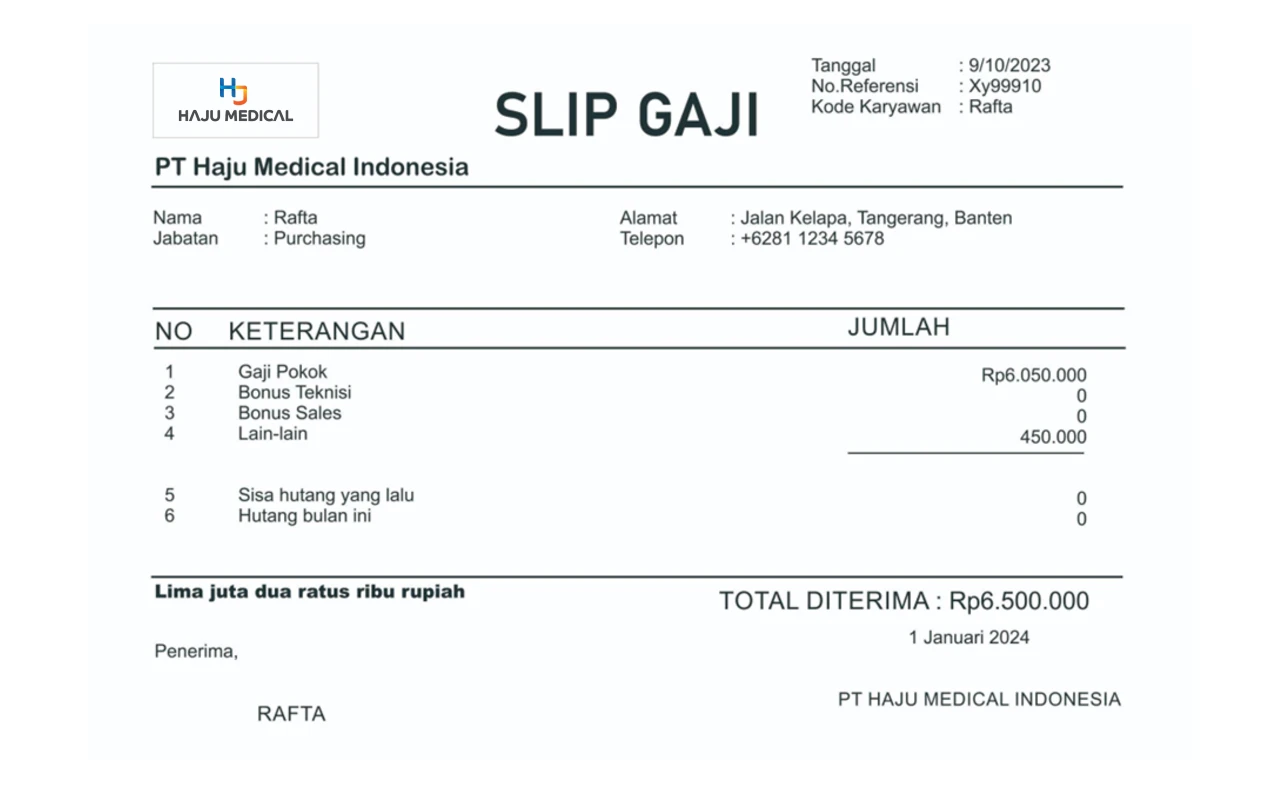 Contoh Slip Gaji PT Haju Medical Indonesia