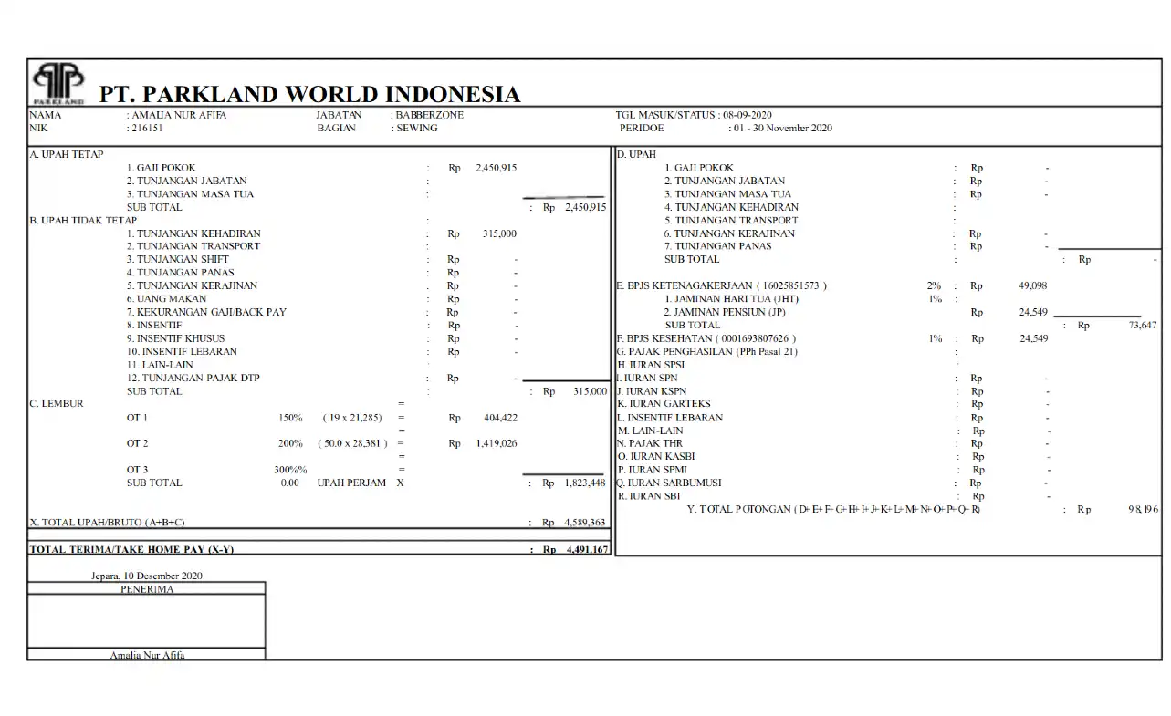 Contoh Slip Gaji PT PWI Jepara