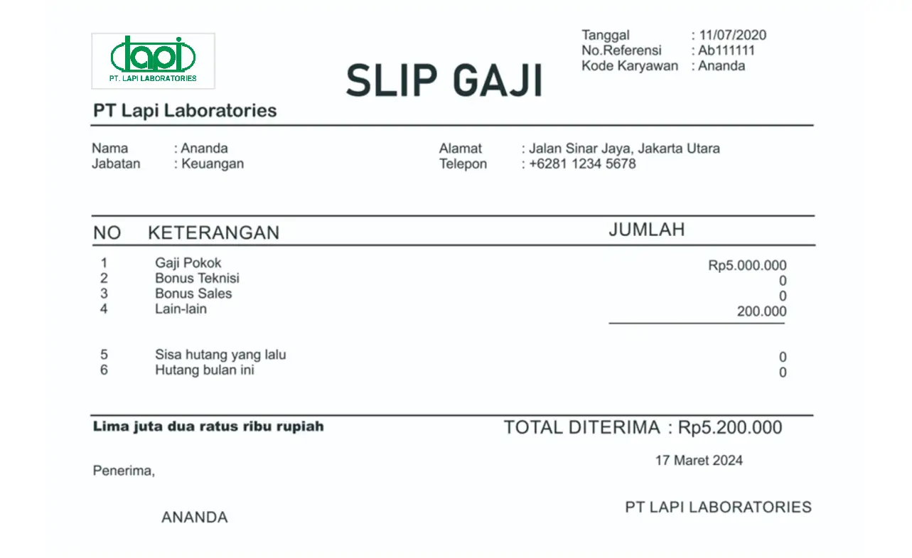 Contoh Slip Gaji Pegawai PT Lapi Laboratories