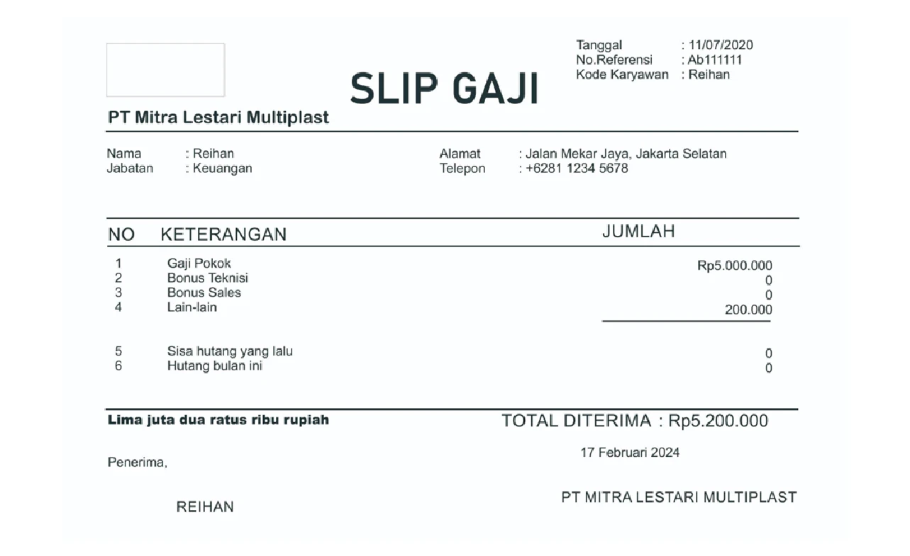 Contoh Slip Gaji Pegawai PT Mitra Lestari Multiplast