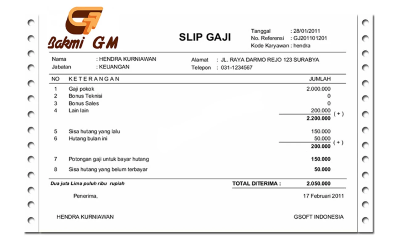 Contoh Slip Gaji Karyawan Bakmi GM