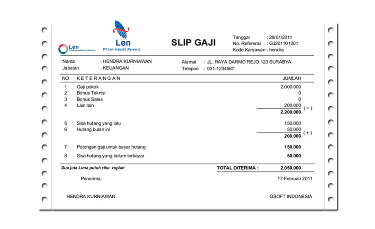 Contoh Slip Gaji Karyawan PT Len Industri