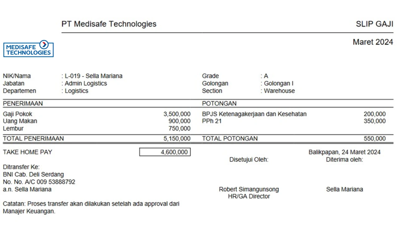 Contoh Slip Gaji Karyawan PT Medisafe Technologies