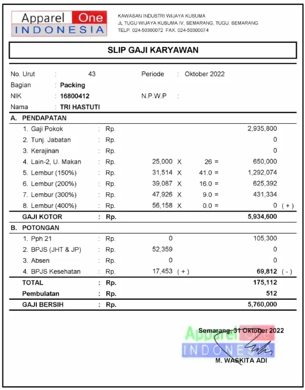 Contoh Slip Gaji Pegawai PT Apparel One Indonesia