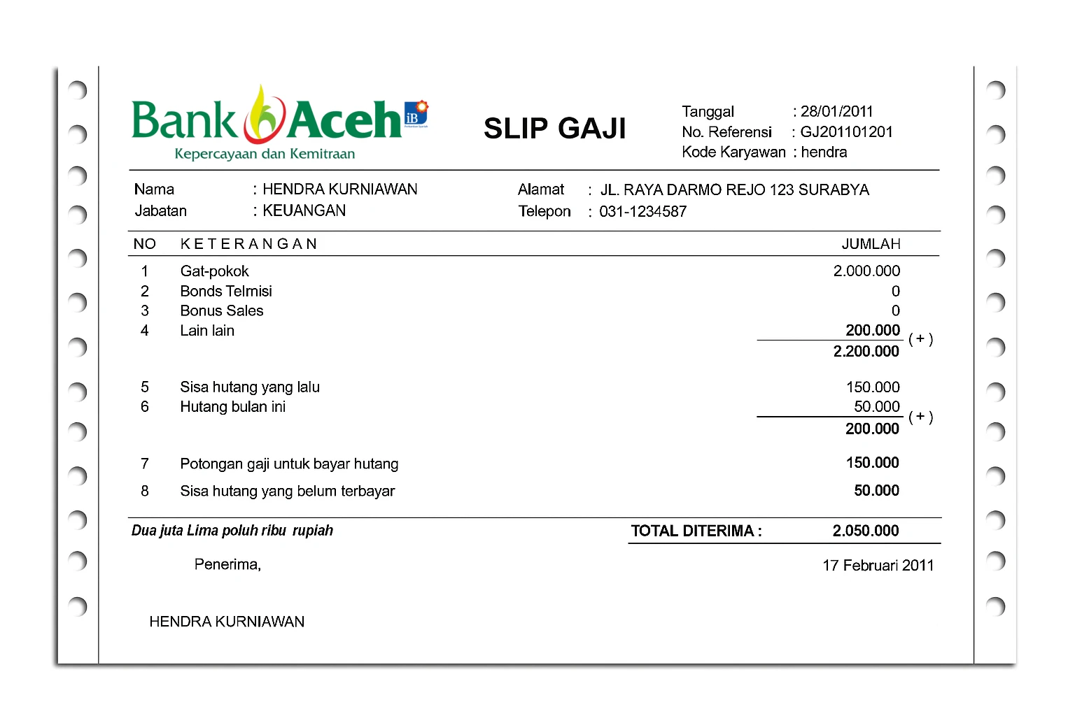 Contoh Slip Gaji Karyawan Bank Aceh Syariah