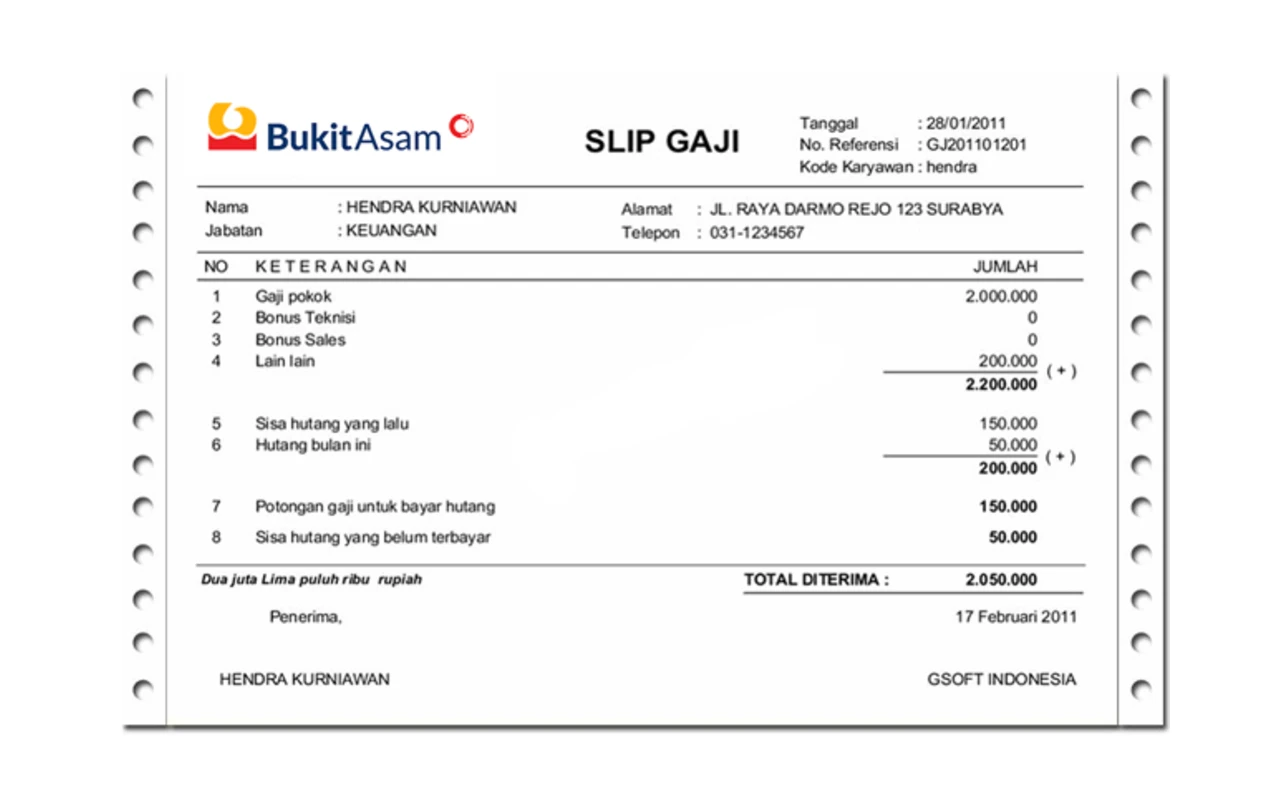 Contoh Slip Gaji Karyawan PT Bukit Asam