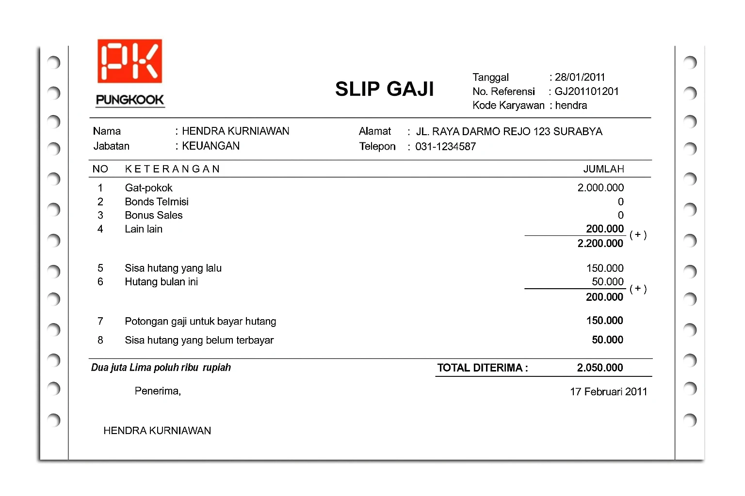 Contoh Slip Gaji Karyawan PT Pungkook Grobogan