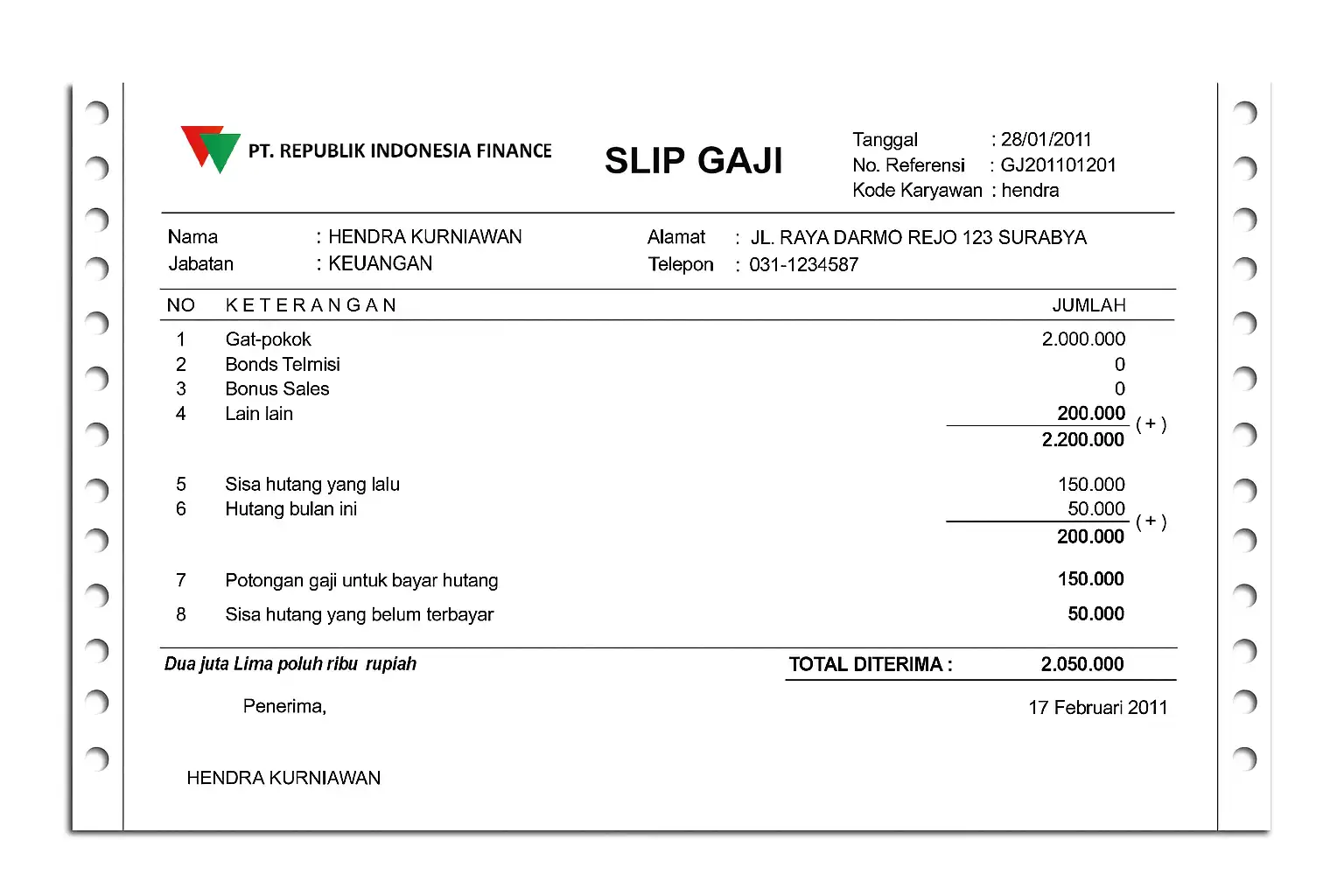 Contoh Slip Gaji Karyawan PT Republik Indonesia