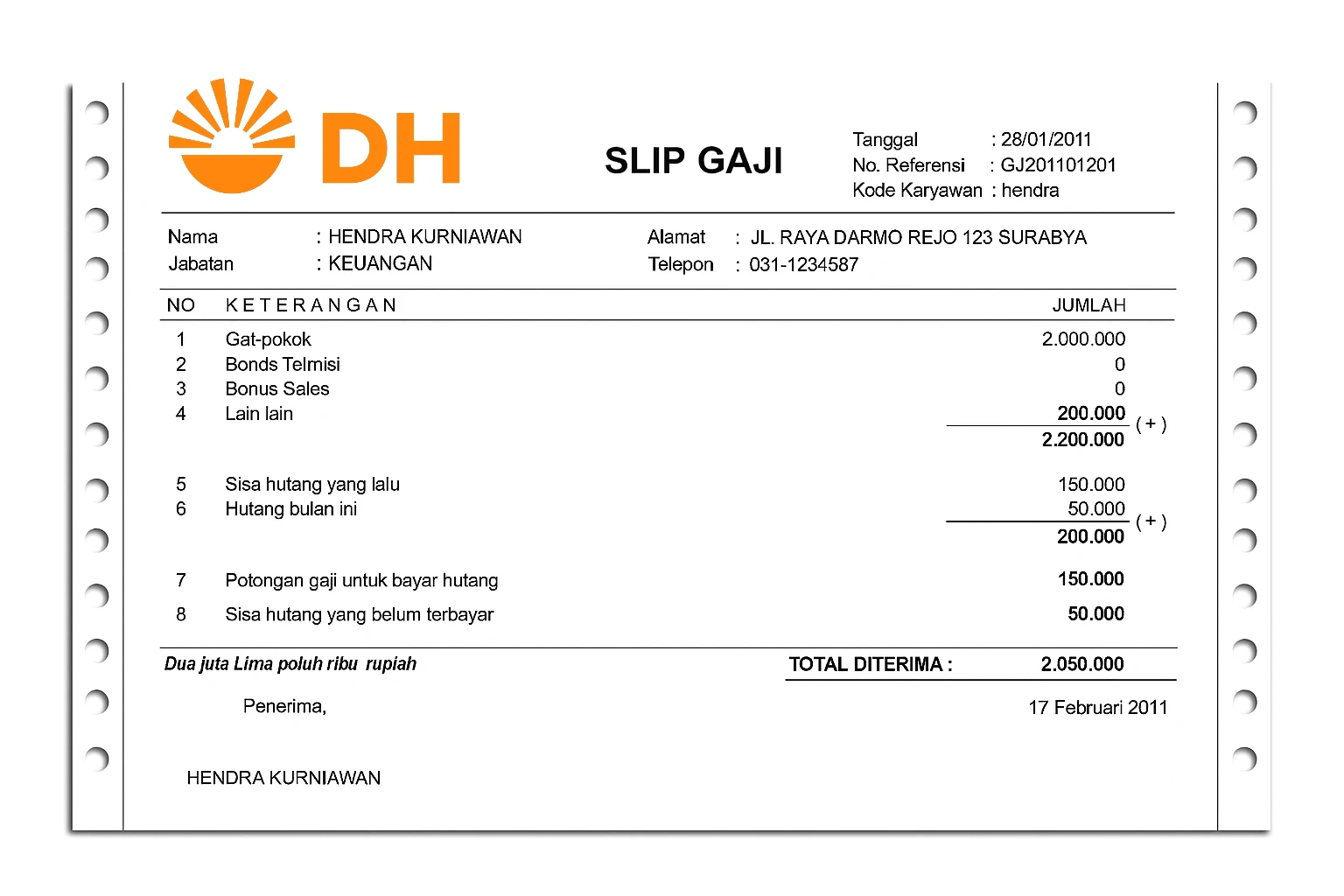 Contoh Slip Gaji PT Darma Henwa