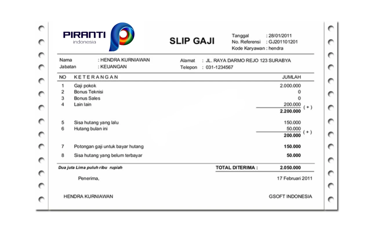 Contoh Slip Gaji PT Piranti Teknik Indonesia