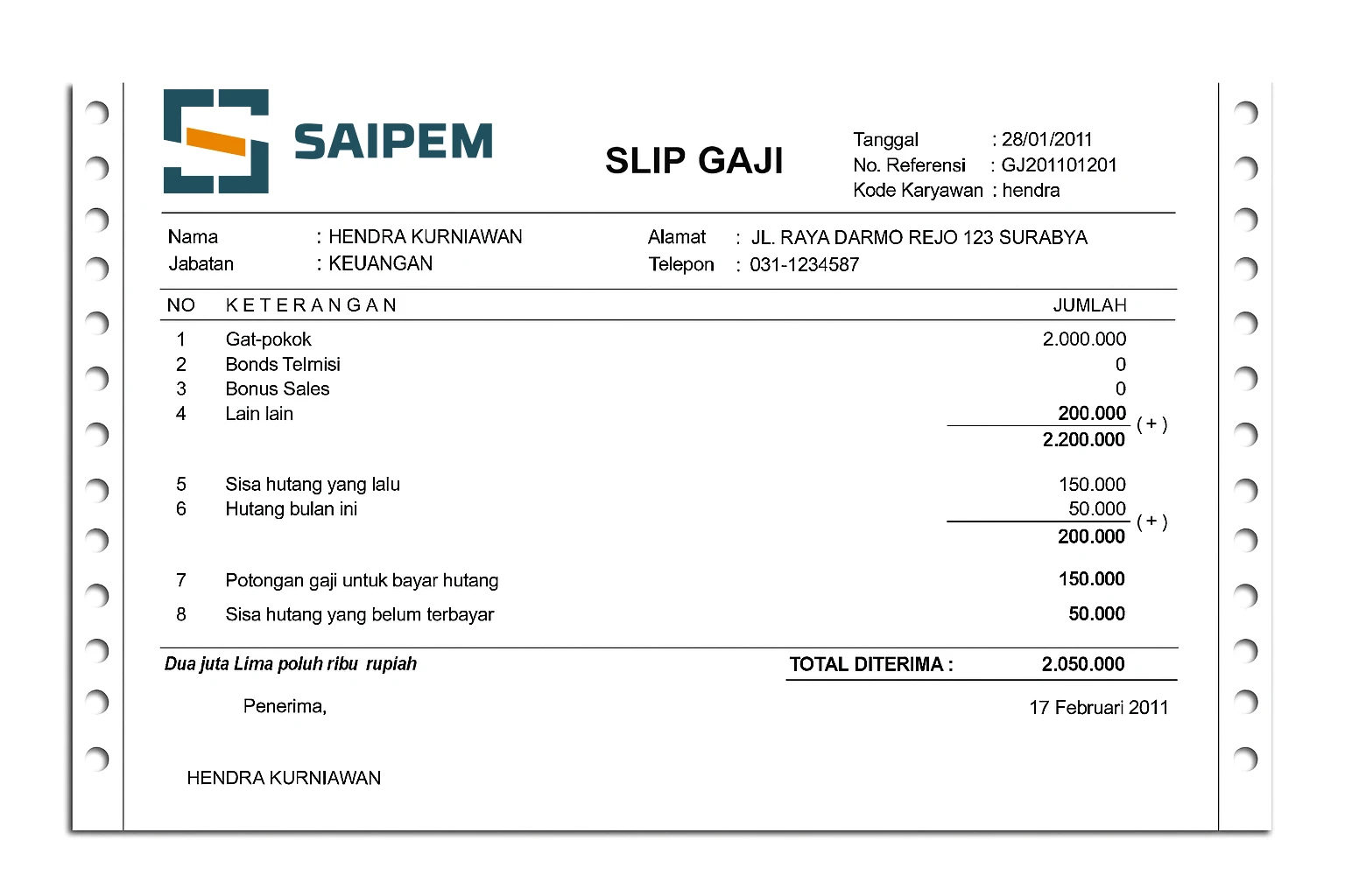 Contoh Slip Gaji PT Saipem Karimun