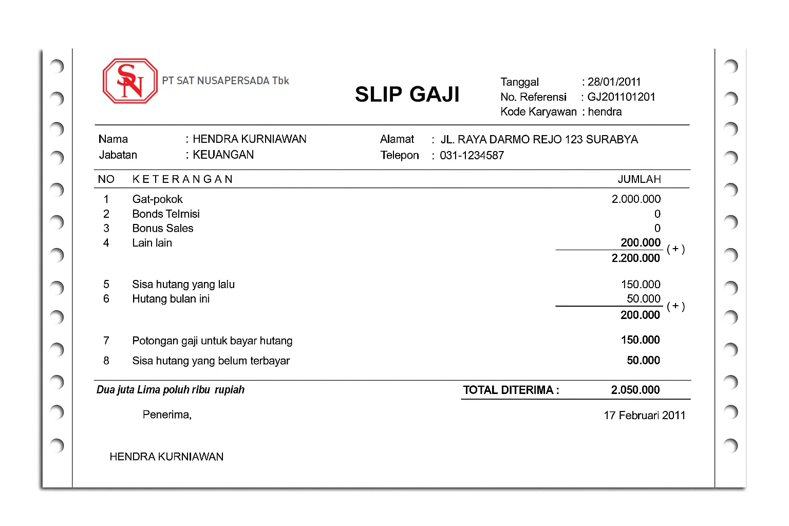 Contoh Slip Gaji PT Satnusa Batam
