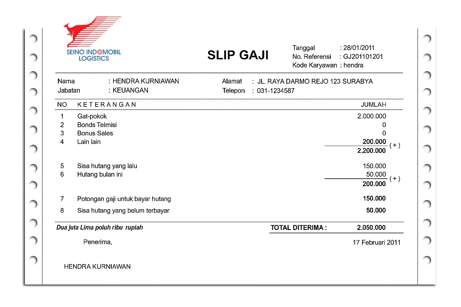 Contoh Slip Gaji PT Seino Indomobil Logistics