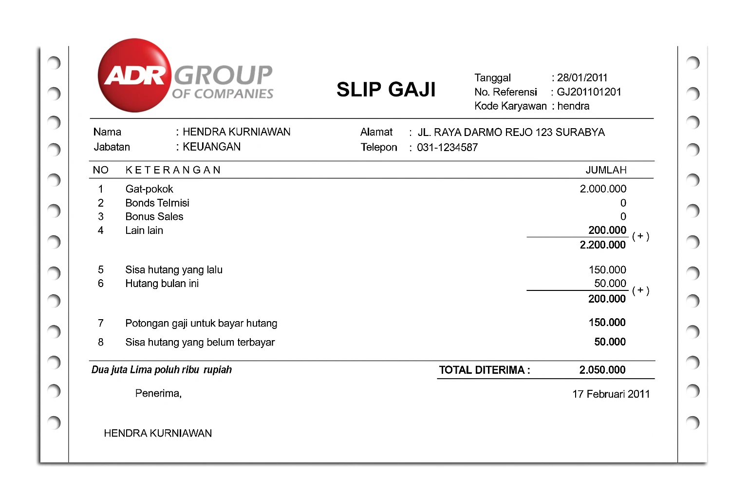 slip gaji PT ADR Group Tangerang