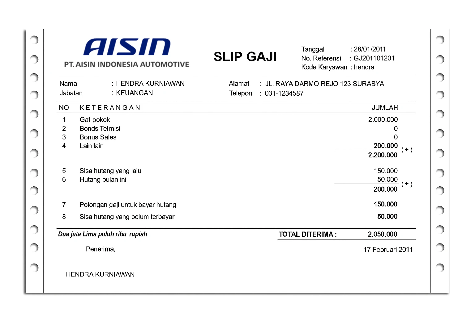 slip gaji PT Aisin Indonesia