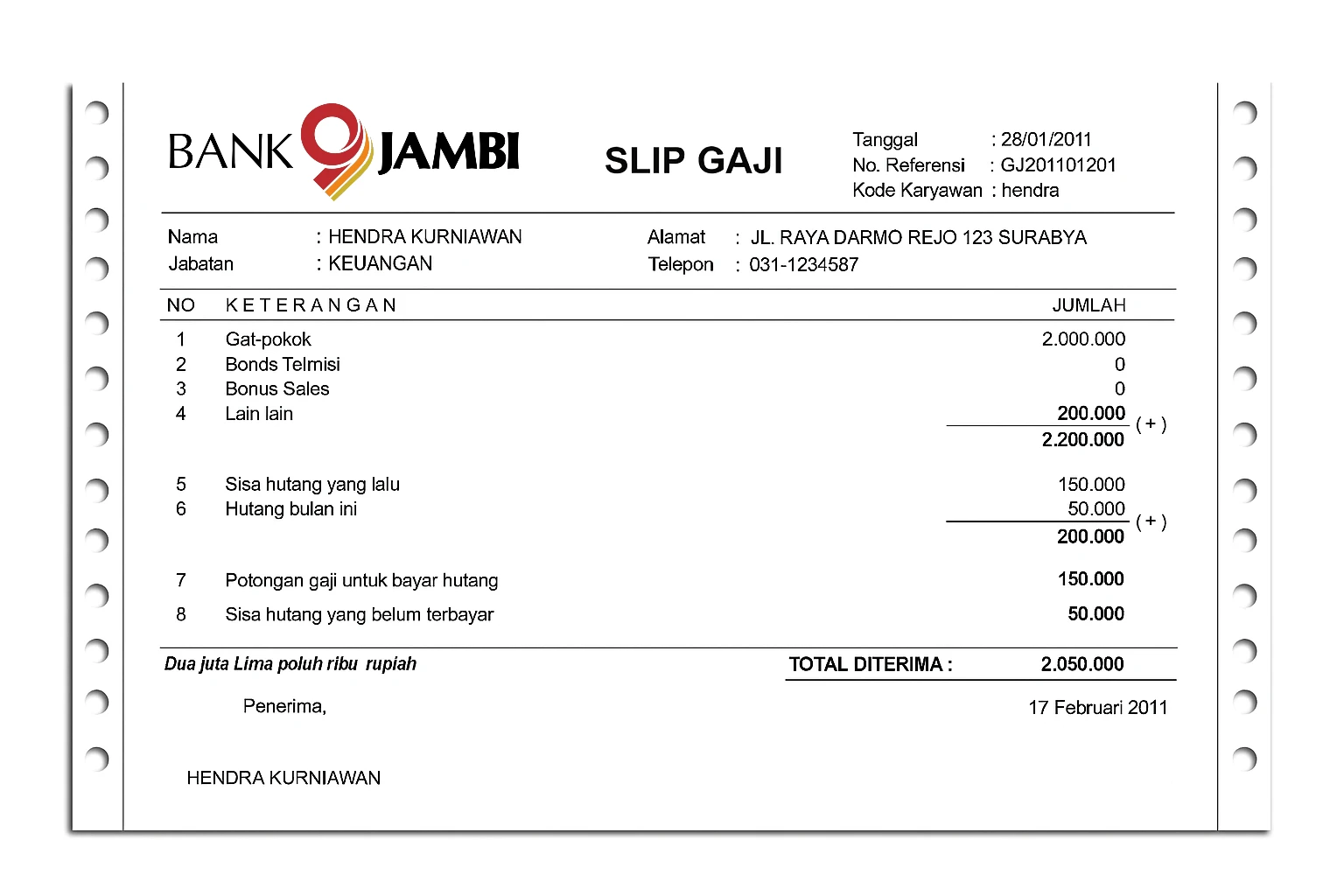 slip gaji karyawan bank bpd jambi