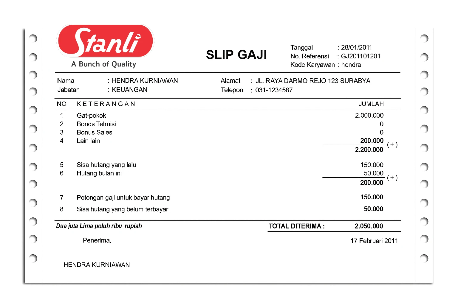 slip gaji pt stanli trijaya mandiri